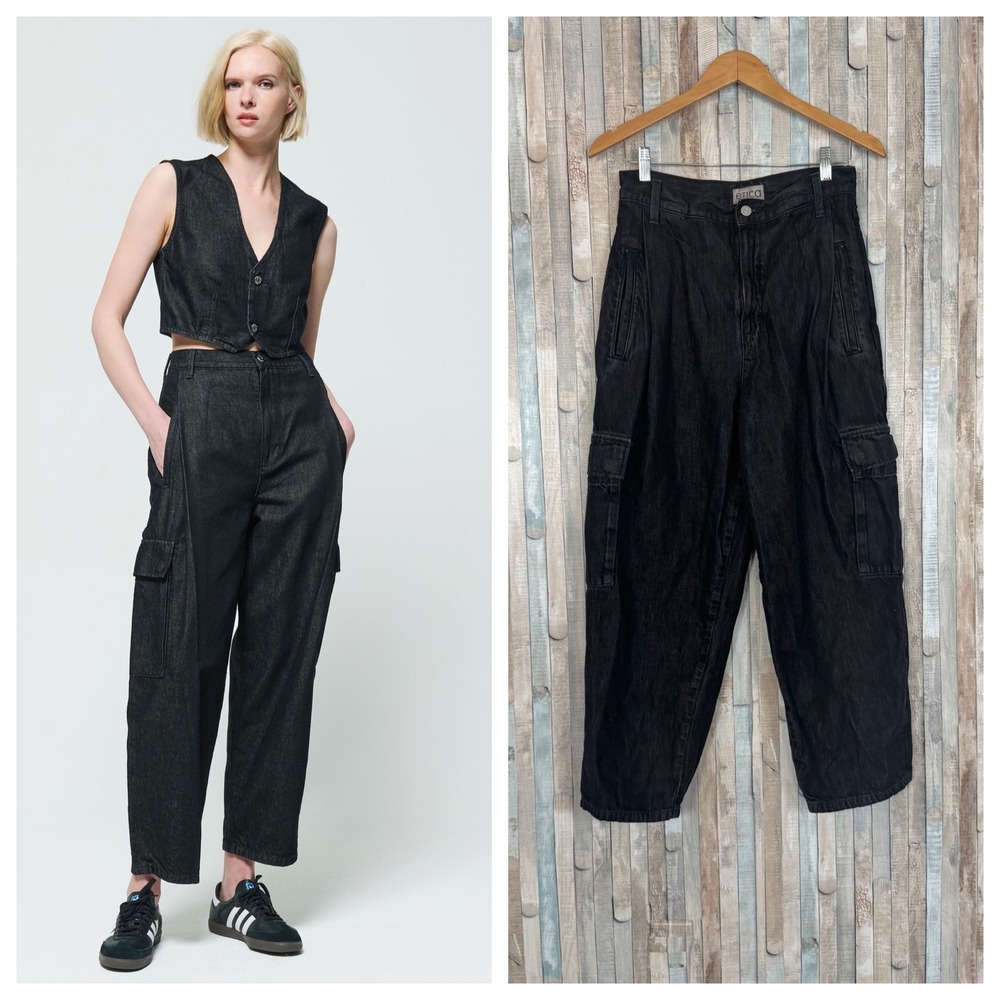 Etica 29 Lewis High Waist Pleated Ankle Cargo Barrel Wide Jeans Washed Black